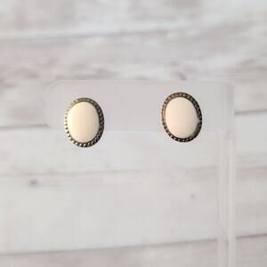 Vintage Stud Earrings Cream Enamel Oval - Tarnished